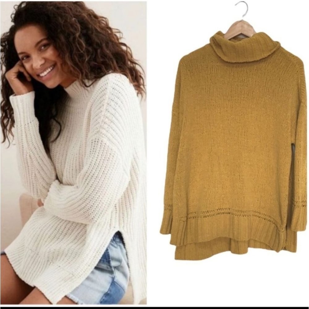 Aerie  Mustard Yellow Soft Chenille Oversized Split Hem Turtleneck Sweater XL